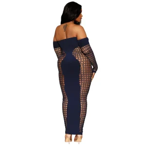 A woman poses with her back to the camera, showcasing the Dreamgirl Plus Size Seamless Bodystocking Gown with Removable Gold Halter Chain.