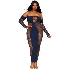 A woman models the Dreamgirl Plus Size Seamless Bodystocking Gown with Removable Gold Halter Chain, featuring denim blue, off-shoulder long sleeves and geometric fishnet cutouts along the sides and sleeves.