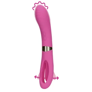 The Loveline Double-Sided Flapping and G-Spot Vibrator is a pink silicone sex toy featuring a curved, ribbed tip, centre control buttons, a metallic ring accent, and a flapping stimulator with directional arrows for movement.