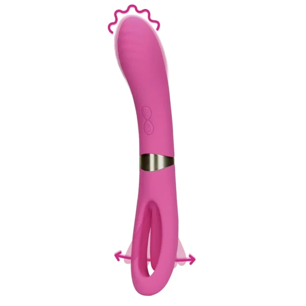 The Loveline Double-Sided Flapping and G-Spot Vibrator is a pink silicone sex toy featuring a curved, ribbed tip, centre control buttons, a metallic ring accent, and a flapping stimulator with directional arrows for movement.