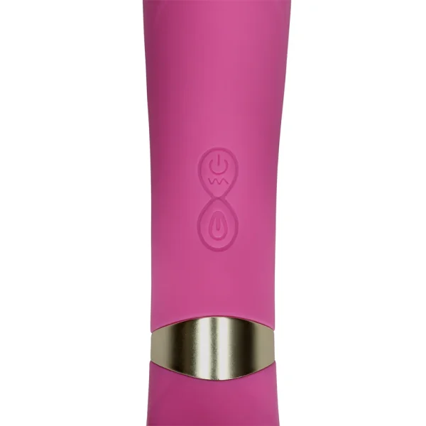 Close-up of the Loveline Double-Sided Flapping and G-Spot Vibrator, featuring pink silicone, two embossed buttons, and a metallic gold band, designed for electronic personal care and wellness.