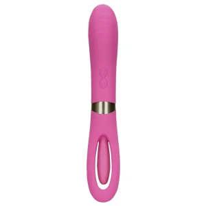 Front of the Loveline Double-Sided Flapping and G-Spot Vibrator, it is a pink silicone sex toy featuring a ribbed tip end, central control buttons, a flapping stimulator end, with a sleek modern design.