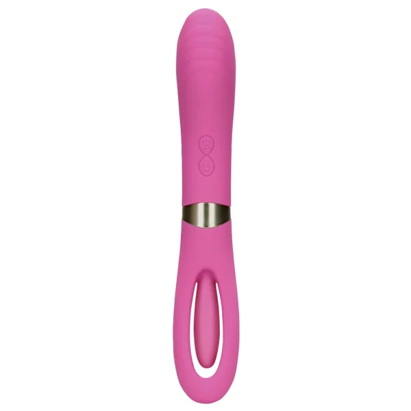 Front of the Loveline Double-Sided Flapping and G-Spot Vibrator, it is a pink silicone sex toy featuring a ribbed tip end, central control buttons, a flapping stimulator end, with a sleek modern design.