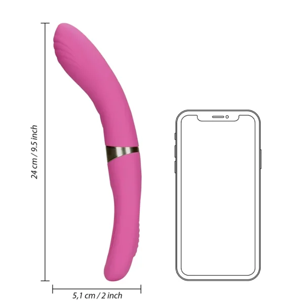 The Loveline Double-Sided Flapping and G-Spot Vibrator, in pink, measures 24 cm (9.5 inches) long and 5.1 cm (2 inches) wide; shown next to a smartphone outline for size comparison.