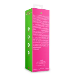 A rectangular packaging box for the Loveline Double-Sided Flapping and G-Spot Vibrator, with a bright pink back, green sides, white text and icons. It features a hanging tab on top and branding at the bottom; text is visible but unreadable.