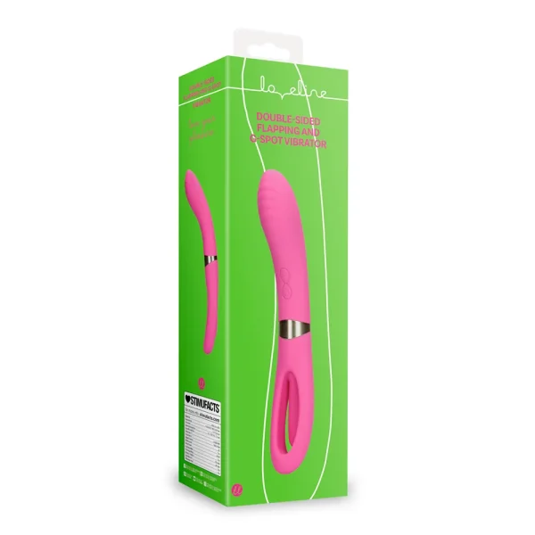 A green packaging box displays the pink Loveline Double-Sided Flapping and G-Spot Vibrator with a handle, featuring product details and the product name on the packaging.