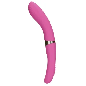 Side view of the Loveline Double-Sided Flapping and G-Spot Vibrator, it is a curved, pink silicone double ended vibrator with a silver band near the centre, shown against a white background.
