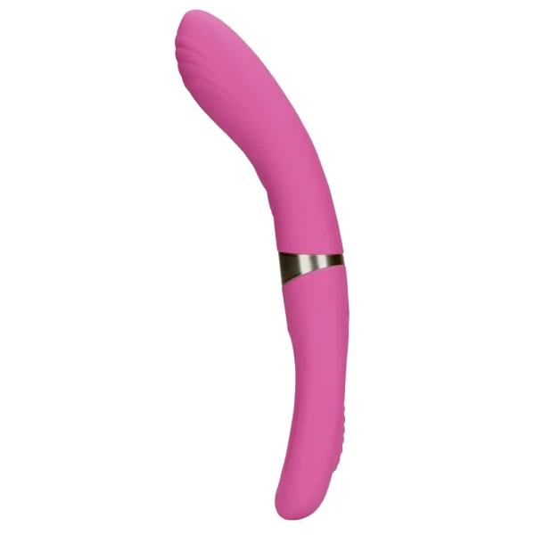 Side view of the Loveline Double-Sided Flapping and G-Spot Vibrator, it is a curved, pink silicone double ended vibrator with a silver band near the centre, shown against a white background.