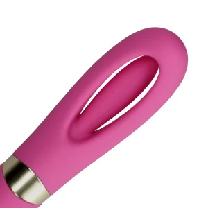 Close-up of the Loveline Double-Sided Flapping and G-Spot Vibrator, featuring a pink silicone body with an oval-shaped shaft with flapping stimulator and metallic accent, displayed against a white background.