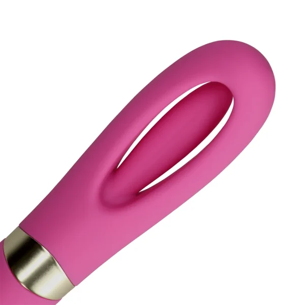 Close-up of the Loveline Double-Sided Flapping and G-Spot Vibrator, featuring a pink silicone body with an oval-shaped shaft with flapping stimulator and metallic accent, displayed against a white background.