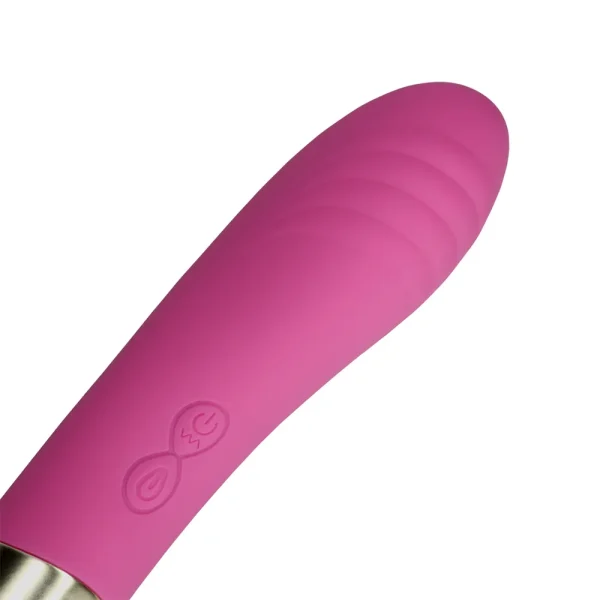 A close-up of the Loveline Double-Sided Flapping and G-Spot Vibrator classic end, featuring pink silicone, a curved textured tip, and a small embossed design near the handle, photographed on a white background.