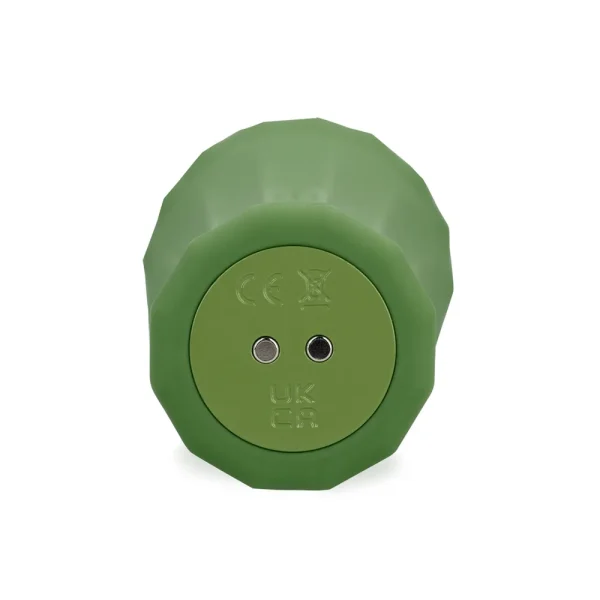 Base of the Loveline Powerful Small Wand Vibrator With Still Handle is a green, massager with charging hole at the base and certification marks (CE, UKCA, crossed-out bin) shown against a plain white background.