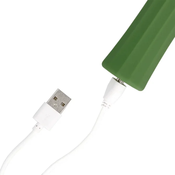 A white USB charging cable is connected to the Loveline Powerful Small Wand Vibrator With Still Handle, its green handle and USB connector partially visible against a white background.