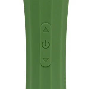 Close-up of three green buttons on the Loveline Powerful Small Wand Vibrator With Still Handle: an upward arrow, a power symbol in the centre, and a downward arrow arranged vertically.