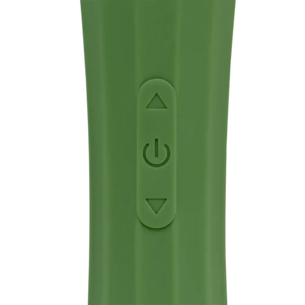 Close-up of three green buttons on the Loveline Powerful Small Wand Vibrator With Still Handle: an upward arrow, a power symbol in the centre, and a downward arrow arranged vertically.