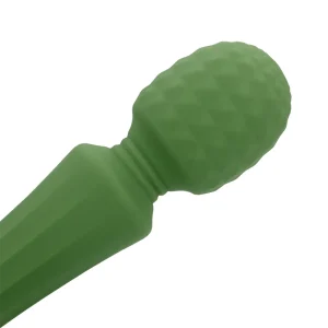 A close-up of the Loveline Powerful Small Wand Vibrators head, featuring a green, textured silicone body with a rounded, diamond-patterned head and smooth handle, isolated on a white background.