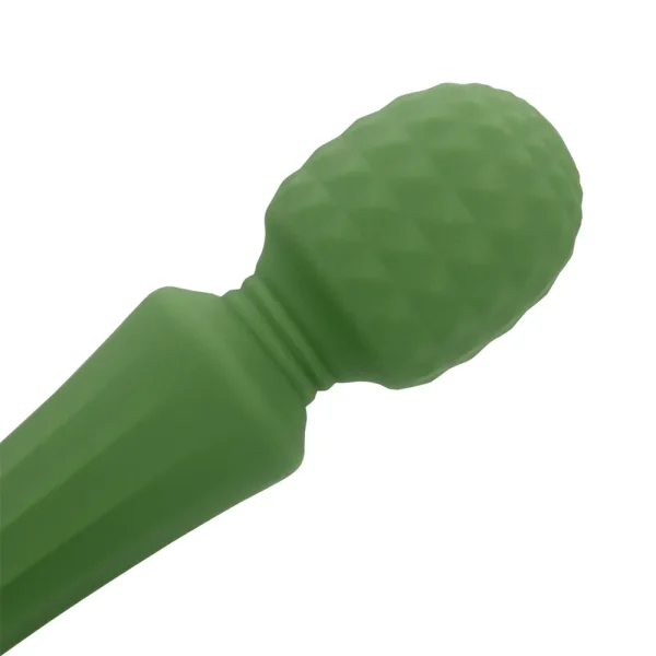 A close-up of the Loveline Powerful Small Wand Vibrators head, featuring a green, textured silicone body with a rounded, diamond-patterned head and smooth handle, isolated on a white background.