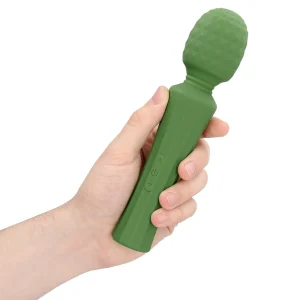 A hand holds the Loveline Powerful Small Wand Vibrator with a textured green wand and control buttons on the handle.