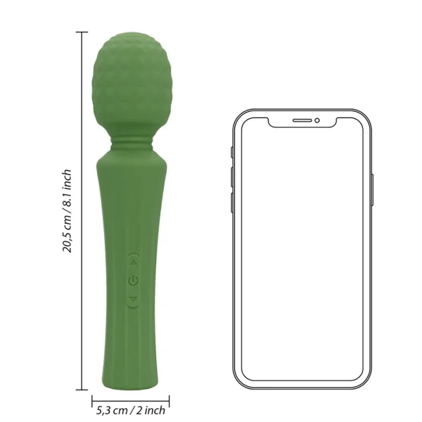 The Loveline Powerful Small Wand Vibrator With Still Handle, in green with a textured design, is displayed beside a smartphone outline for scale. The massager measures 20.5 cm (8 inches) long and 5.3 cm (2 inches) wide.