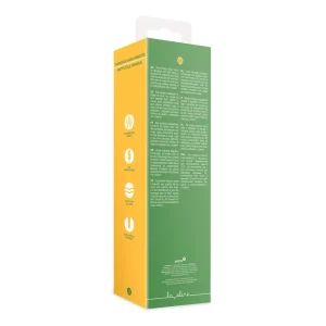 The Loveline Powerful Small Wand Vibrator With Still Handle comes in a rectangular box with yellow sides featuring four white icons and descriptions, and a green back displaying white text plus a small white logo at the bottom.
