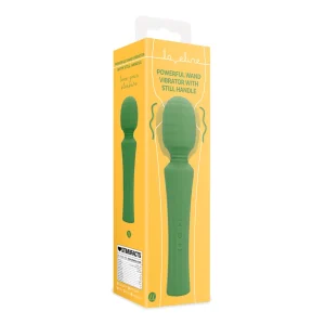 The Loveline Powerful Small Wand Vibrator With Still Handle in green, featuring a textured head, is shown in yellow packaging with illustrations and descriptive text.