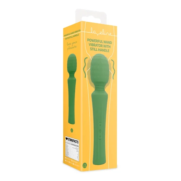 The Loveline Powerful Small Wand Vibrator With Still Handle in green, featuring a textured head, is shown in yellow packaging with illustrations and descriptive text.