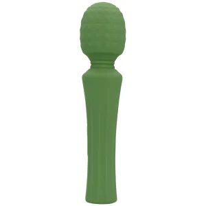 Side view of the Loveline Powerful Small Wand Vibrator with a still handle features a green, textured round head and smooth, slightly tapered handle, displayed upright against a white background.