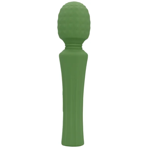 Side view of the Loveline Powerful Small Wand Vibrator with a still handle features a green, textured round head and smooth, slightly tapered handle, displayed upright against a white background.