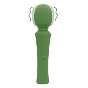 The Loveline Powerful Small Wand Vibrator With Still Handle is shown in green with a textured round head, vibrating with wavy lines and motion blur; control buttons are visible on the handle.