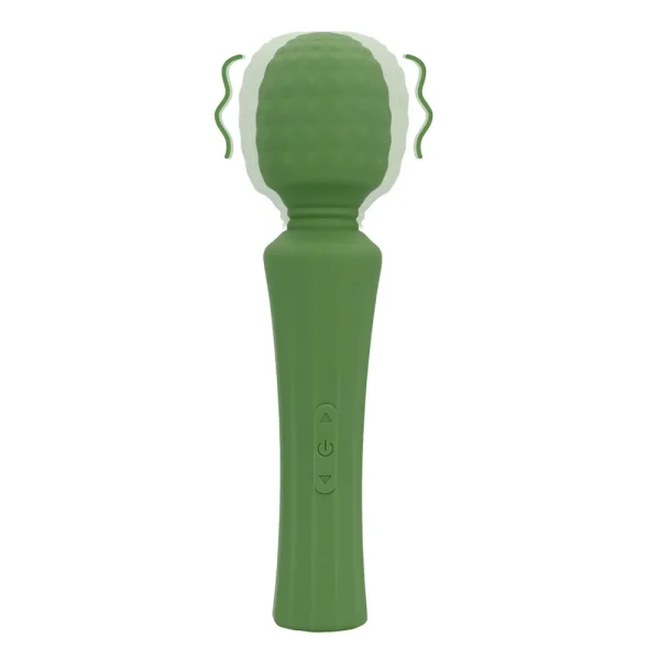 The Loveline Powerful Small Wand Vibrator With Still Handle is shown in green with a textured round head, vibrating with wavy lines and motion blur; control buttons are visible on the handle.