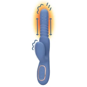 The Loveline Warming Rotating Beads and Thrusting Rabbit Vibrator features blue silicone, stimulation arm, a textured shaft, and base control buttons. Orange and blue lines illustrate its vibration and movement functions.