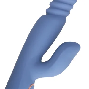 A close-up of the Loveline Warming Rotating Beads and Thrusting Rabbit Vibrator, a blue silicone vibrator with a curved main shaft and a smaller attached arm.