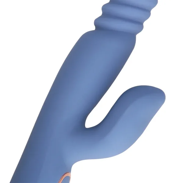 A close-up of the Loveline Warming Rotating Beads and Thrusting Rabbit Vibrator, a blue silicone vibrator with a curved main shaft and a smaller attached arm.