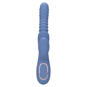 Front view of the Loveline Warming Rotating Beads and Thrusting Rabbit Vibrator, it is a blue silicone sex toy with a ribbed, textured shaft and gold-trimmed control panel with buttons at the base.