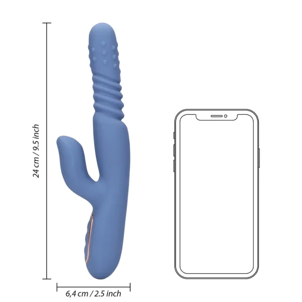 The Loveline Warming Rotating Beads and Thrusting Rabbit Vibrator, in blue with a ribbed and textured design, is shown beside a smartphone for scale. It measures 24 cm (9.5 in) long and 6.4 cm (2.5 in) wide.