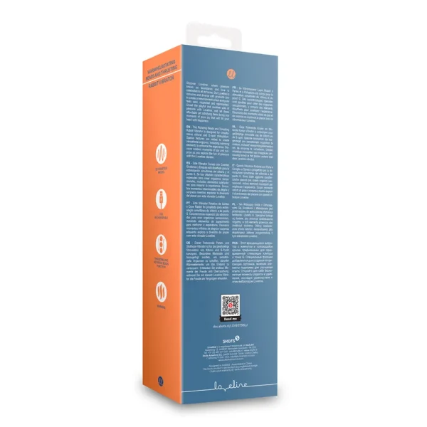 The image shows the back of a tall, rectangular Loveline Warming Rotating Beads and Thrusting Rabbit Vibrator box with one orange side showing white icons and brief descriptions, and a blue back with dense white text and a QR code.