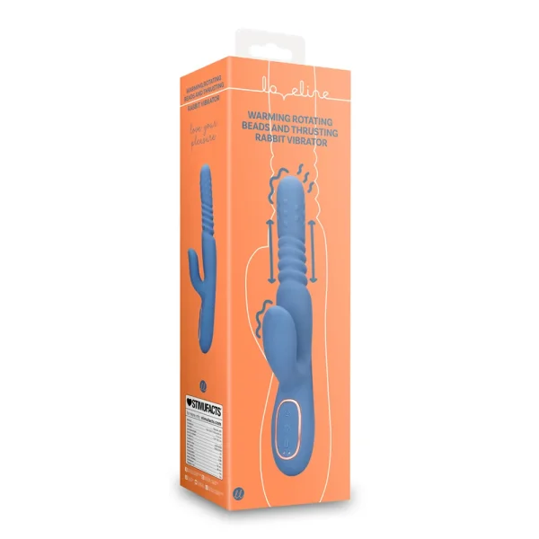 A blue rabbit vibrator in orange packaging labeled "Loveline Warming Rotating Beads and Thrusting Rabbit Vibrator," featuring product illustrations and informational text on the box.