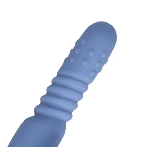 A close-up of the Loveline Warming Rotating Beads and Thrusting Rabbit Vibrators shaft, shows its blue silicone body with a rounded tip, textured with raised bumps and ridges, set against a white background.