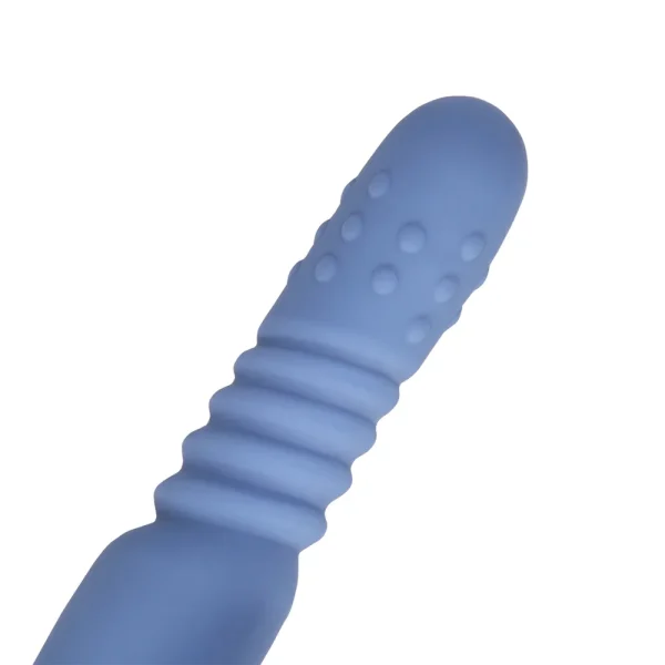 A close-up of the Loveline Warming Rotating Beads and Thrusting Rabbit Vibrators shaft, shows its blue silicone body with a rounded tip, textured with raised bumps and ridges, set against a white background.