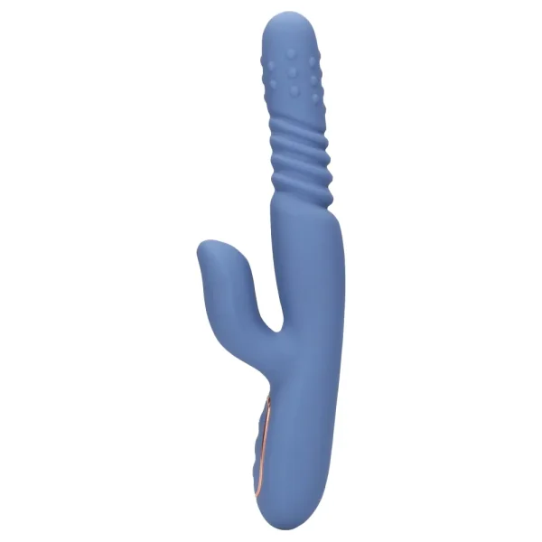 Side view of the Loveline Warming Rotating Beads and Thrusting Rabbit Vibrator, it is a blue silicone dual-stimulation toy with a curved, textured shaft and a smaller external stimulator for enhanced pleasure.
