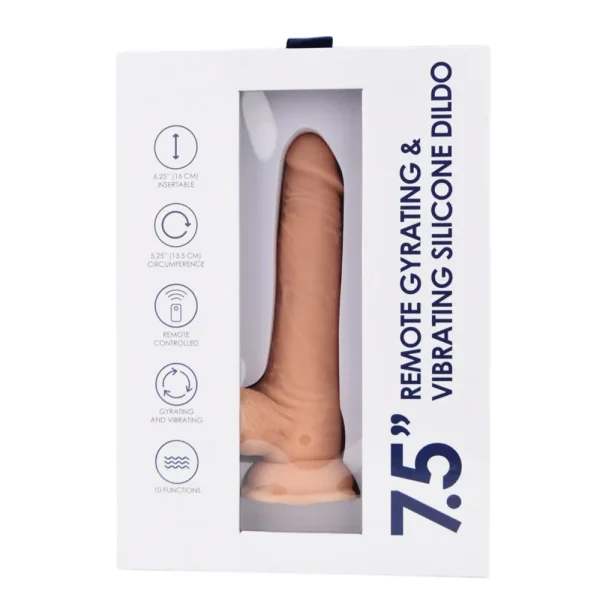 The Loving Joy 7.5 Inch Realistic Remote Gyrating & Vibrating Silicone Dildo, in flesh-tone, is displayed boxed with a clear window and features listed on the white packaging in blue text.