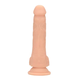 Top side view of the Loving Joy 7.5 Inch Realistic Remote Gyrating & Vibrating Silicone Dildo, with lifelike skin tone, veined texture, and a suction cup base, stands upright against a plain white background.