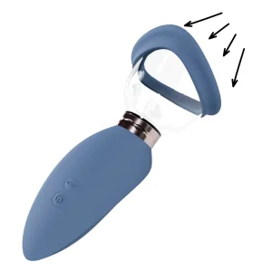 The Pumped Arousing Rechargeable Vulva and Breast Pump features a blue handheld design with a curved head, transparent suction cup with silicone seal, and control buttons on the handle. Three black arrows highlight the open end for suctioning.