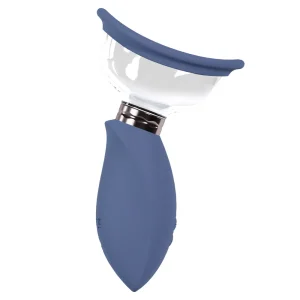 Side view of the Pumped Arousing Rechargeable Vulva and Breast Pump, it is a blue silicone and clear ABS automatic pump featuring a curved, suction cup top and ergonomic handle, designed for intimate stimulation and enhancement.
