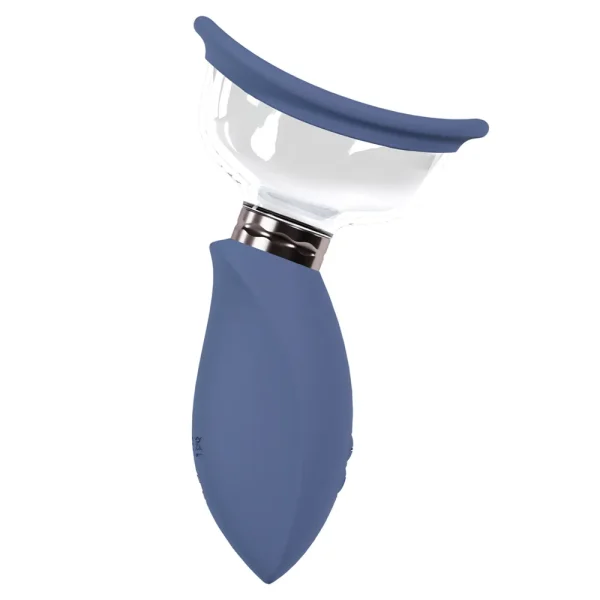 Side view of the Pumped Arousing Rechargeable Vulva and Breast Pump, it is a blue silicone and clear ABS automatic pump featuring a curved, suction cup top and ergonomic handle, designed for intimate stimulation and enhancement.