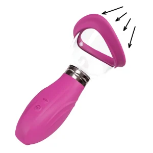 The Pumped Delightful Rechargeable Vulva and Breast Pump is a pink automatic pump featuring a curved, open-ended silicone head, clear midsection, control buttons on the handle, and black arrows indicating the open end.