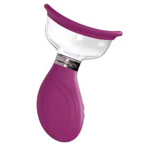 Side view of the Pumped Delightful Rechargeable Vulva and Breast Pump features a pink silicone lips and body with a transparent curved suction cup on top and an ergonomic handle at the bottom.