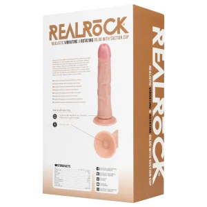 The image displays the packaging for the Real Rock 8 Inch Realistic Vibrating and Rotating Curved Dildo, showing a product photo, usage instructions, and bold branding on a white and brown background.