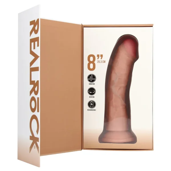 An open box showcases the Real Rock 8 Inch Realistic Vibrating and Rotating Curved Dildo in brown silicone with a suction base. The packaging displays icons showing it is rechargeable and features vibration and rotation functions.