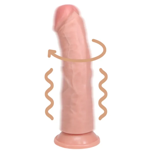 The Real Rock 8 Inch Realistic Vibrating and Rotating Curved Dildo stands upright, with wavy and curved arrow graphics highlighting its vibrating and rotating features.